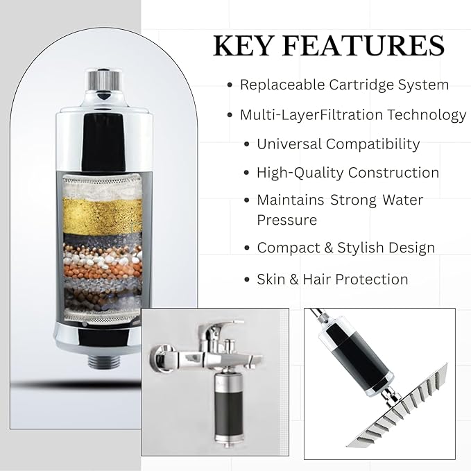 Inline Shower Filter and Tap filter with Replaceable Multi-Layer Cartridge (5.5D x 5.5W x 13.5H)